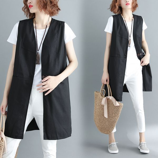 

vest 2020 new women's clothing artistic fat mm loose solid color sleeveless v-neck mid-length linen vest for women, Black;white