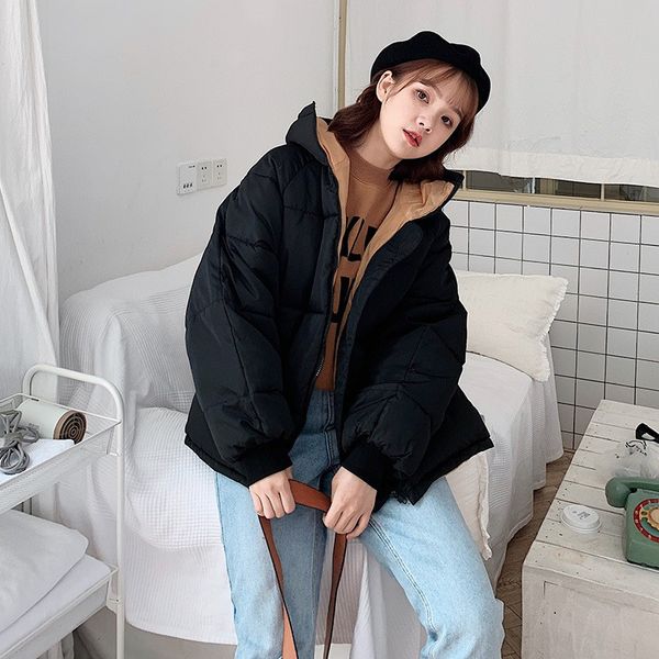 

новое зимнее пальто женщин симпатичные сыпучие хлеб короткие хлопок ветровки проложенный повседневная женщина толщина теплый капюшоном ins ч, Black