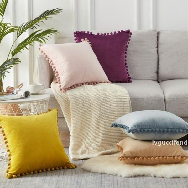 

soft velvet pillow cover cushion cover luxury square decorative pillowscase with tassel balls for sofa bed car home throw pillow case 18*18