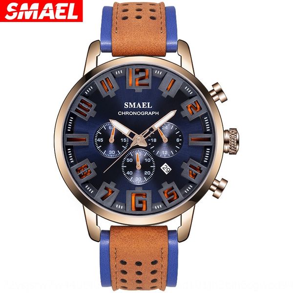 

smael new genuine leather strap waterproof luminous men's fashion luminous watch calendar 6 pin quartz watch, Blue