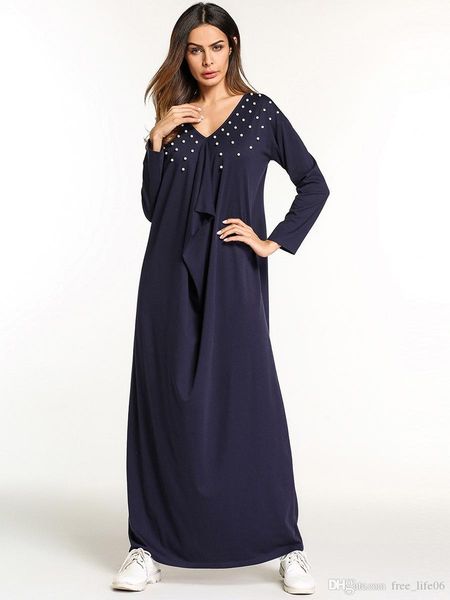 

ruffles draped design solid beading dress women spring autumn casual muslim t shirt dresses v neck long sleeve new, Black;gray