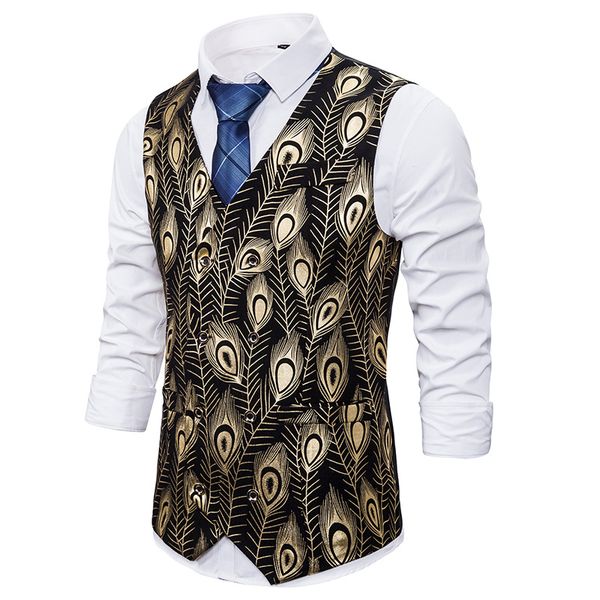 

mens hipster gold feather print suit vest 2020 brand slim fit single breasted vest waistcoat men wedding business chaleco hombre, Black;white