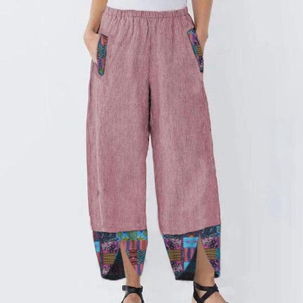 

women's pants & capris 2021 vintage linen summer trousers casual elastic waist asymmetrical pantalon female cropped oversized, Black;white