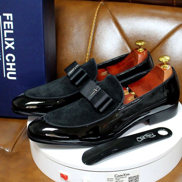 

handmade genuine patent leather and nubuck leather patchwork with bow tie men wedding black dress shoes men's banquet loafers cx200731