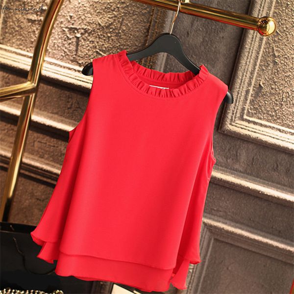 

2020 women plus size sleeveless chiffon blouse s 4xl fashion ruffles shirt summer new loose blusas korean o neck 64406, White