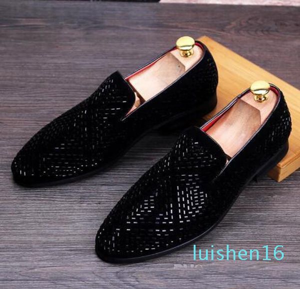 

new dandelion spikes flat leather shoes rhinestone fashion mens loafers dress shoes slip on casual diamond pointed toe shoes,size38-43 l16, Black