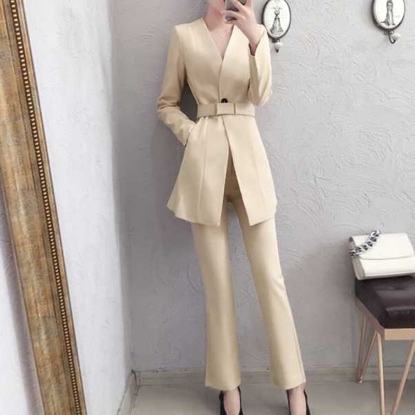 

women pant suits spring and autumn new high end female british style blazers + wide leg pants two-piece suit women aq907, White;black