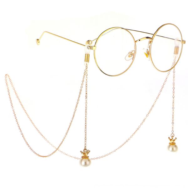 

non-slip popular metal rope bead pendant glasses golden crown pearl pendant handmade glasses chain, Blue
