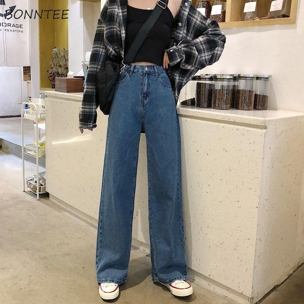 

women's jeans women denim long trousers straight korean style pockets womens high waist casual loose students streetwear harajuku chic, Blue