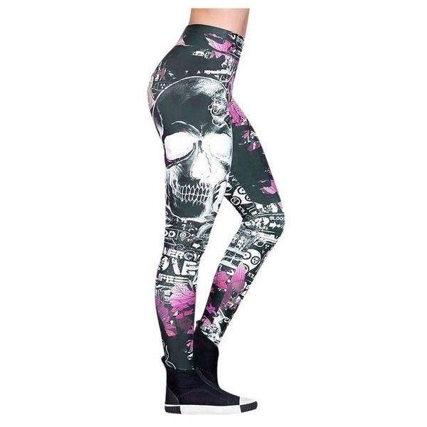 

fashion women leggings sport fitness elastic work out clothes women whtie skull printed high waist leggings skinny pencil pants, Black