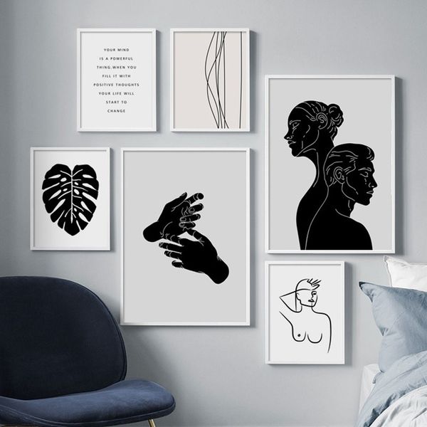 

abstract woman line face monstera nordic posters and prints wall art canvas painting wall pictures for living room home decor