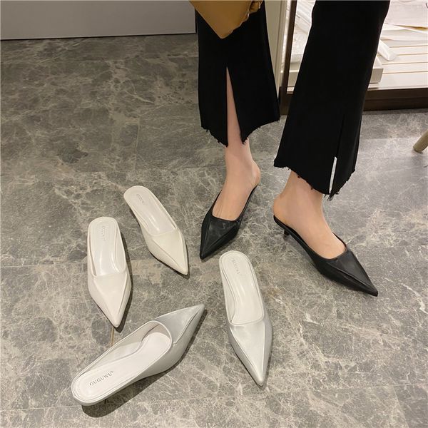 

thin heels slippers casual cover toe shoes mules for women 2020 pantofle low slides luxury pointed soft new summer flat rome, Black