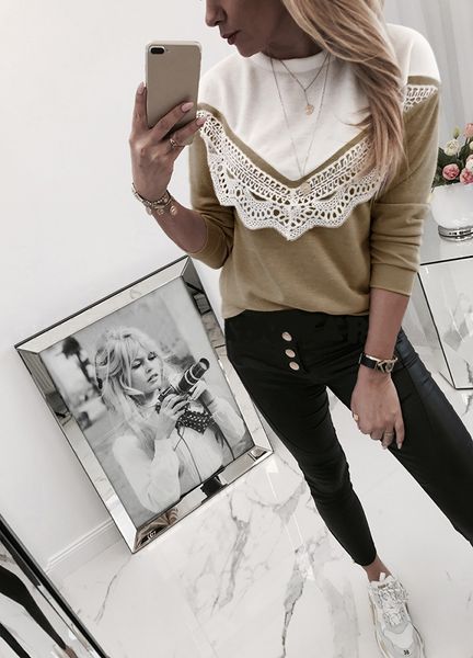 

fashion bodycon long sleeve ladies t-shirt autumn casual women t shirt o-neck white khaki solid splice lace t-shirts femme