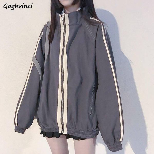

basic jackets women spring zipper stand collar students loose bf all-match harajuku womens outwear trendy simple striped ulzzang, Black;brown