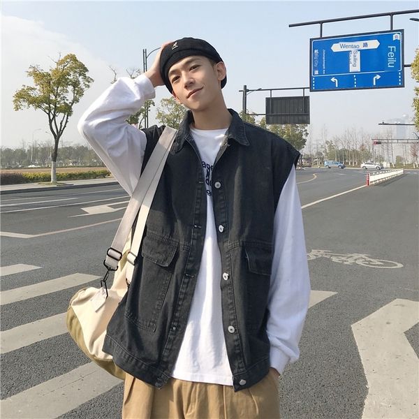 

джинсовые куртки мужские весной и осенью новый корейский стиль ины потерять случайные пальто без рукавов жилет жилет пальто, Black;white