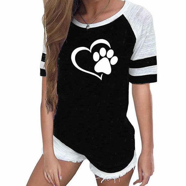 

lady new fashion love dog paw print shirt women plus size raglan pink t-shirt cropped cute, White