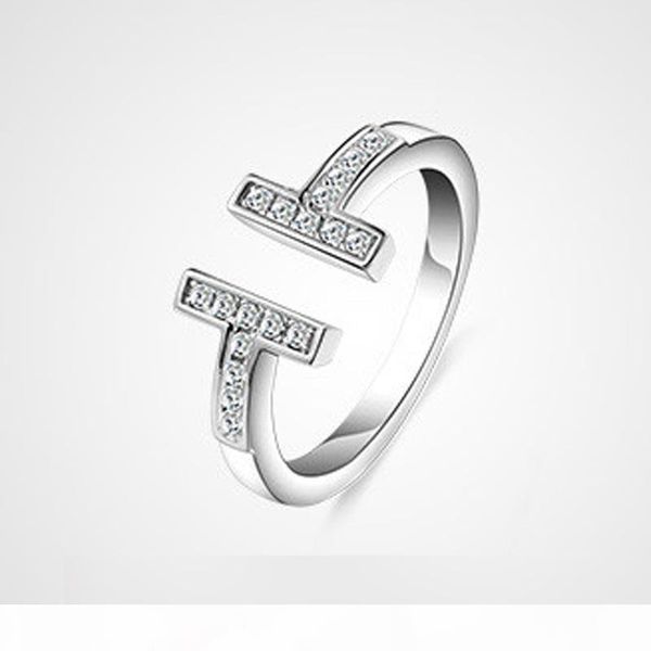 

dhl fashion bling bling diamond rings double t letter rings 925 silver women open ring jewelry