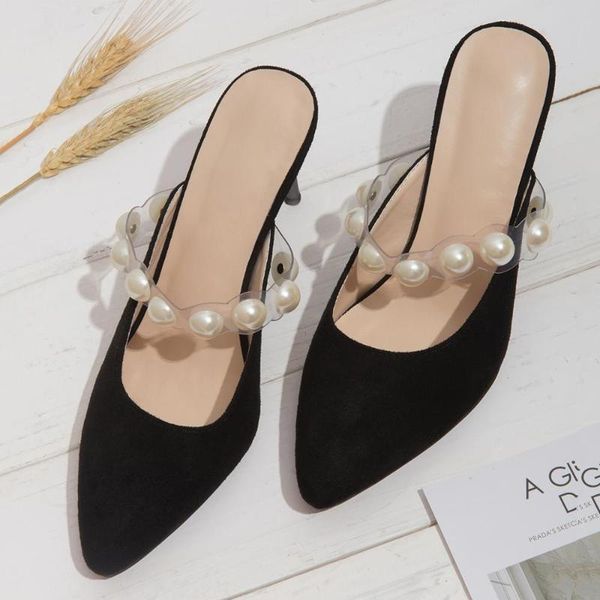 

тапочки женщины летняя обувь тонкие каблуки flock heeled мулы pantofle слайды lady high 2020 девушка рим основные pu ткань резина, Black