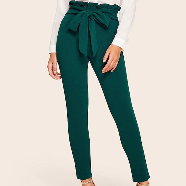 

gaoke elegant frill trim bow belted solid high waist pants women clothing fashion elastic waist skinny carrot pants, Black;white