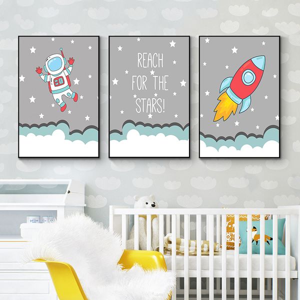 

kawaii spaceman wall art canvas nursery poster print cartoon rocket painting nordic kids decoration picture baby boy room decor