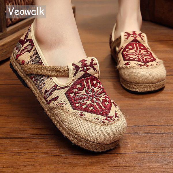 

veowalk embroidered women casual linen cotton shoes ladies walking flats woman driving loafers zapatos mujer plus size 35-44, Black