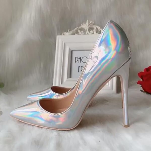 

rainbow color patent leather pumps laser fashion ladies stilettos high heels shallow classic design shoes, Black