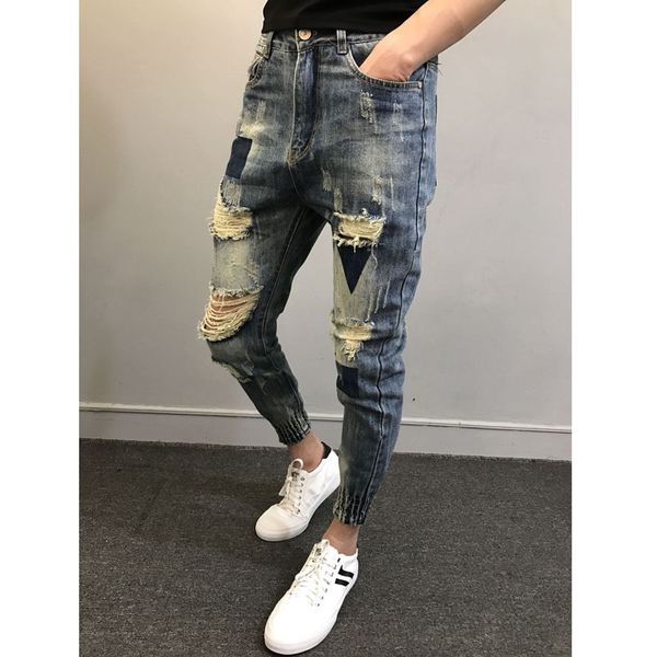 

men's jeans wholesale 2021 fashion cargo slim trousers summer bunch feet hole ankle length pants wild denim men, Blue