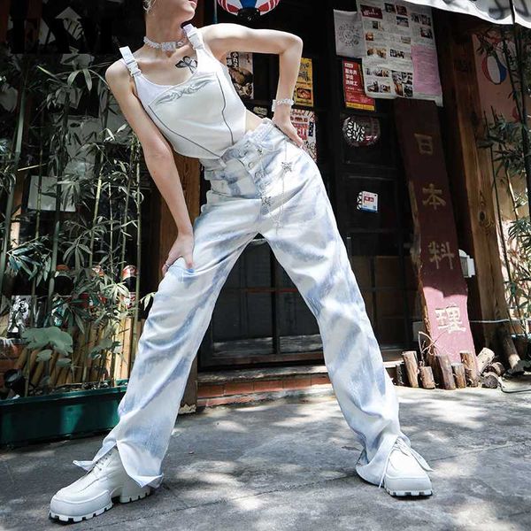 

eam] white blue denim long vent wide leg jeans new high waist loose women trousers fashion tide spring autumn 2020 1y368