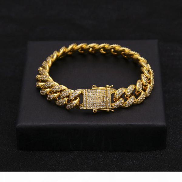 

hip hop luxury crystal link, auniquestyle cz zircon triple lock bracelet 13mm 8inch cuban link box clasp bracelet men female jewelry, Black
