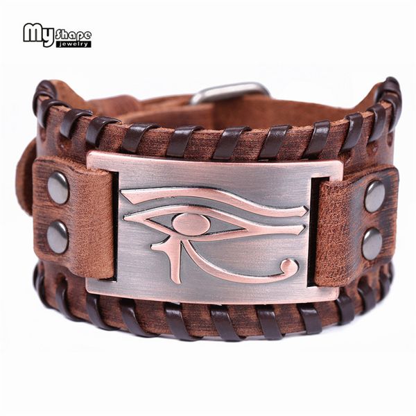 

my shape viking adjustable button bracelet men eye of horus egyptian myths isis ancient wide genuine leather strap bracelets, Black