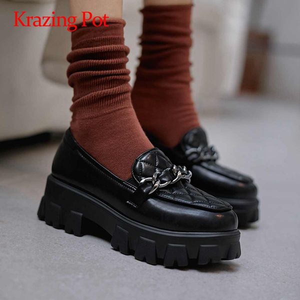 

krazing pot preppy style sheep leather chain decorations gingham round toe high square heels platform fashion women pumps l9f3, Black