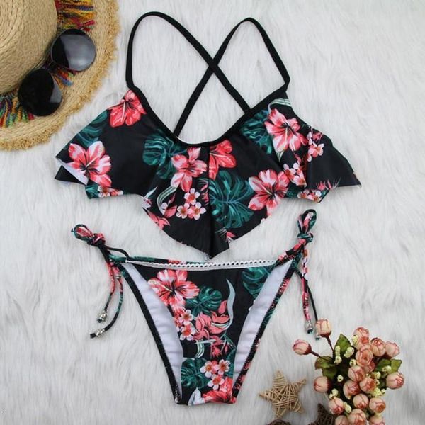 

bikini 2020 fashion floral print ruffles padded bandage swimming bathing suit brazilian beach wear for women swimwear, White;black