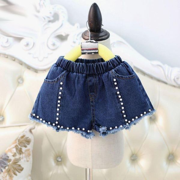 

2019 and children's wear jeans new korean children's clothing girls' pearl jeans shorts p9108, Blue