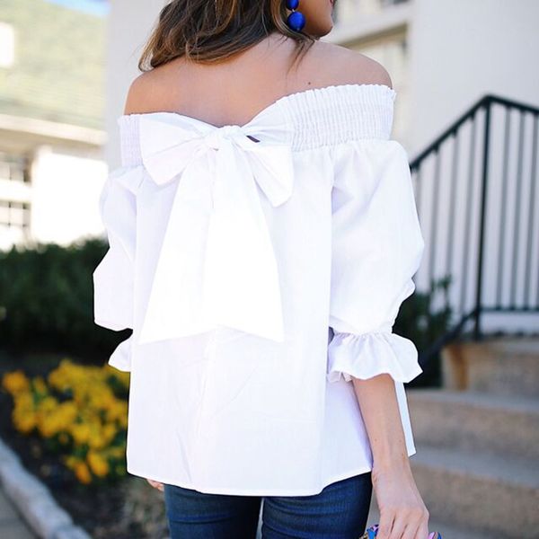 

blackday 2021 women autumn fashion shirts three quarter bow white slash neck off shoulder puff sleeve blouses