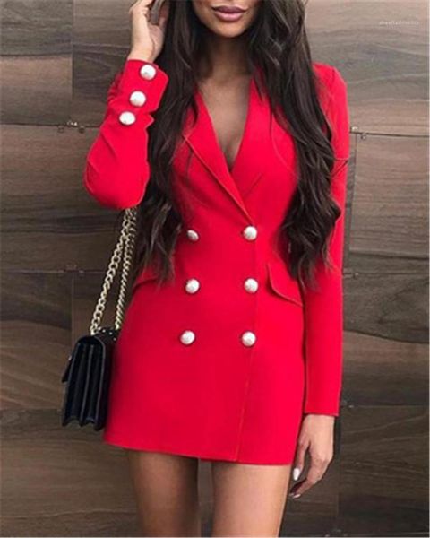 

long sleeve office lady spring fall dress women notched lapel collar double breasted pocket design blazer dress chic elegant, Black;gray