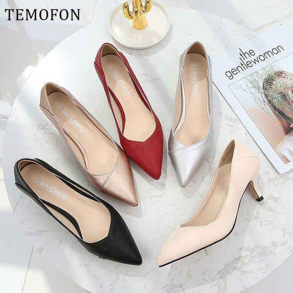 

temofon pointed toe pumps women office&career ladies shoes leather thin heel large size women shoes silver black pumps hvt716