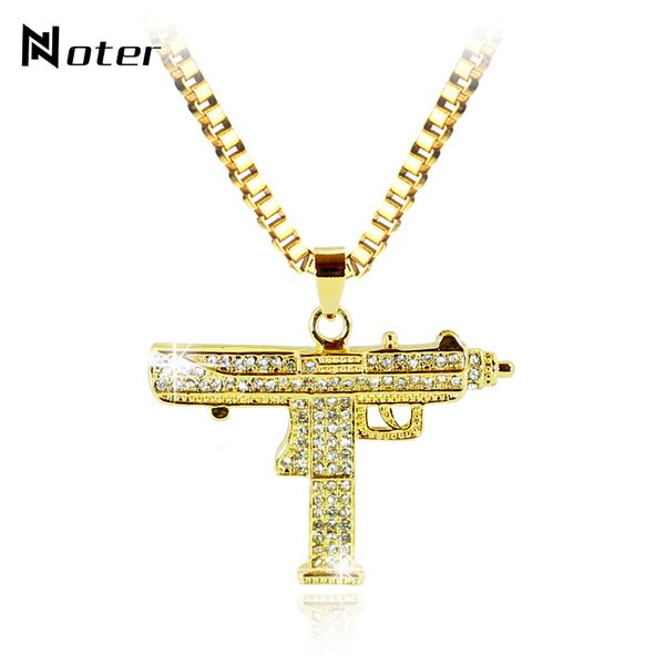 

punk rock uzi necklace men charm gold silver color pendant necklace luxury micro crystal submachine gun chain