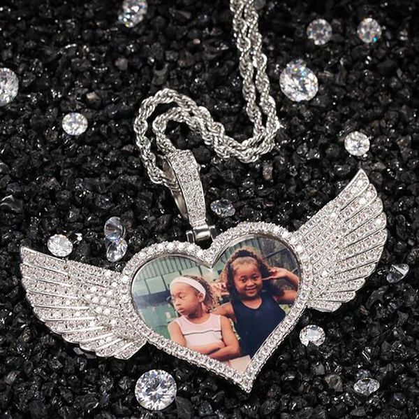 Collana con ciondolo con foto di ali di cuore personalizzate, medaglioni di memoria, ciondolo solido, catene di zirconi cubici personalizzati, regalo