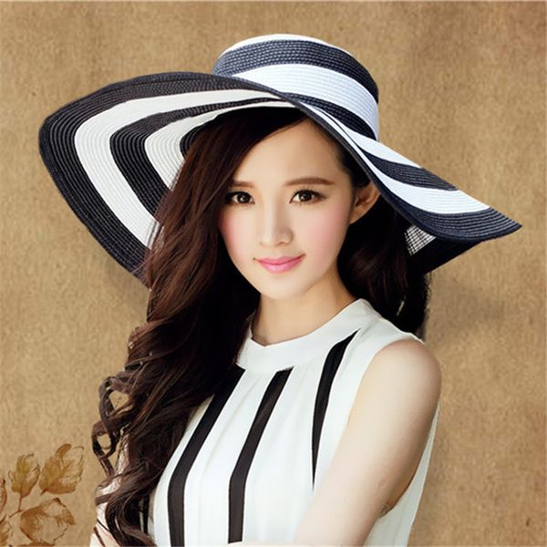 

summer female sun hats visor big brim classic black white striped straw hat casual outdoor beach cap for women uv protection y200619, Blue;gray