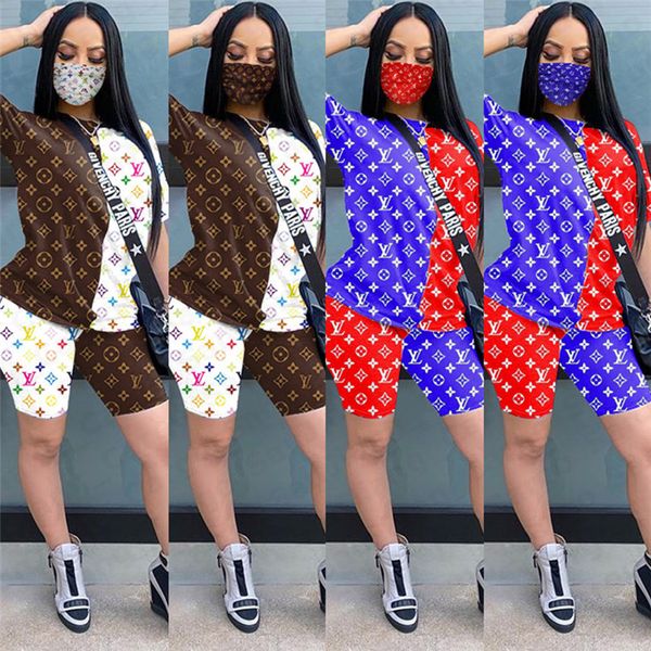 

summer women tracksuit short sleeve t-shirt tee+shorts+fashion face mask 3 piece sets outfit letter print sportswear designer clothes e51302, White