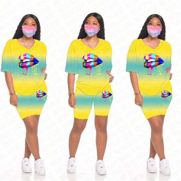 

women tracksuit designer lips gradient color printing v-neck short sleeves t shirt shorts two pieces set outfits sports suit d71601, White