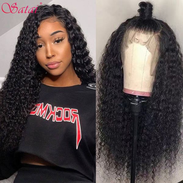 

satai curly human hair wig kinky curly wig 150/180 density brazilian hair 13x6 lace front wigs pre plucked with baby hair, Black