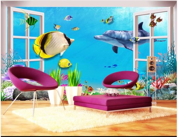 wallpapers Foto feita sob encomenda para paredes 3d murais janela 3D mundo subaquático sonhar golfinho vivendo papéis de parede sala de TV sofá fundo da pintura