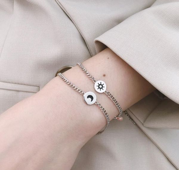

chain bracelet s925 sterling silver bracelet for couple with sun and moon round bracelet western fashion jewelry, Black