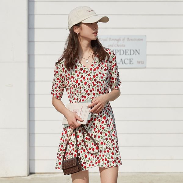 

women's dress summer 2020 new french high waist slimming v-neck hipster floral short sleeve chiffon skirt chiffon skirt skirt, Black;gray