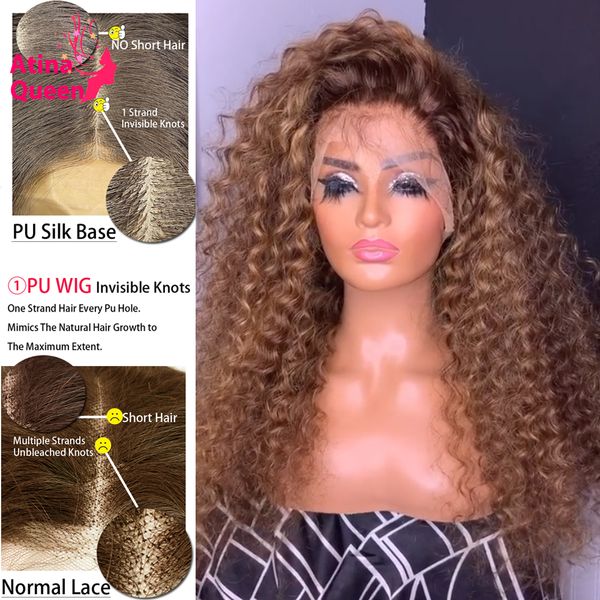 

ombre honey blonde 4x4 pu natural scalp closure wig bouncy curly pre plucked silk base brown lace front wig preplucked remy, Black