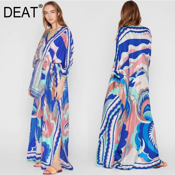 

deat] 2020 floor length over size print v collar silk knit elastic wild new spring fashion dress women's casual clothing ar706, Black;gray