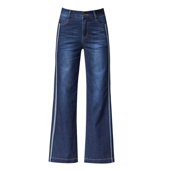 

women's jeans 95% cotton wide leg pants streetwear side stripe full length 2021 autumn winter high waisted classic trousers, Blue