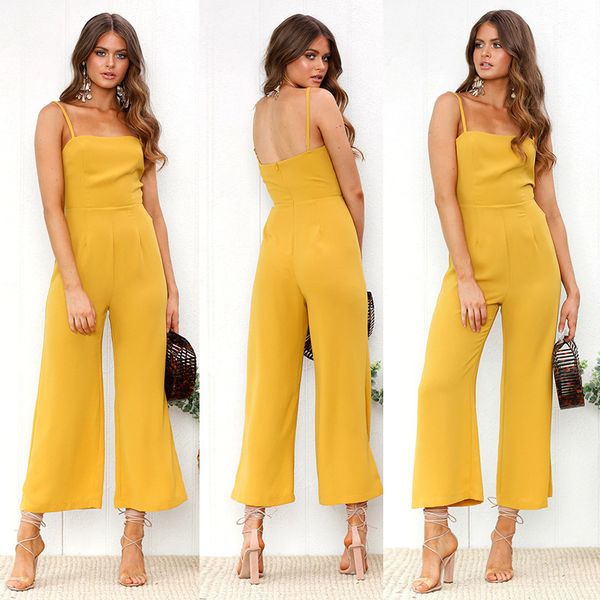 

2020 summer straight-cut camisole off-shoulder backless capri casual loose pants waist yellow women jumpsuit, Black;white