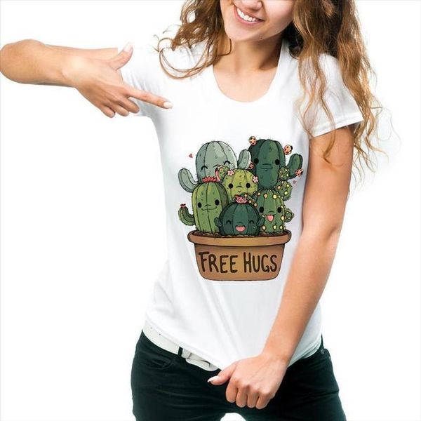 

летний стиль мода женщин тенниска cute cactus free hugs дизайн печати футболка casual топы cute тис hipster tee femme, White